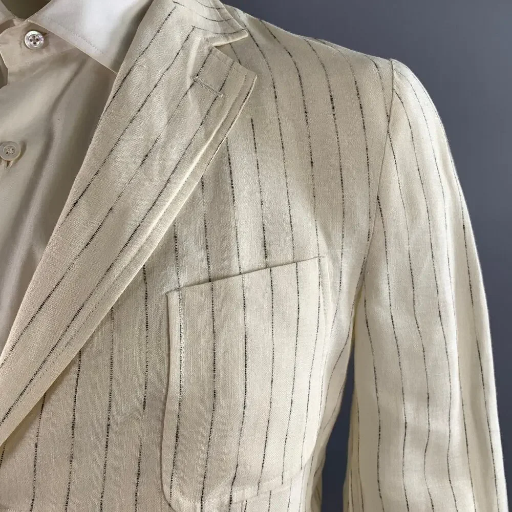 KRIZIA UOMO Chest Size 42 Cream Light Grey Pinstripe Linen 32 31 Suit